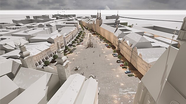 Pohled na budoucí proměnu Velkého náměstí v Hradci Králové z Bílé věže. (25. 1. 2024)