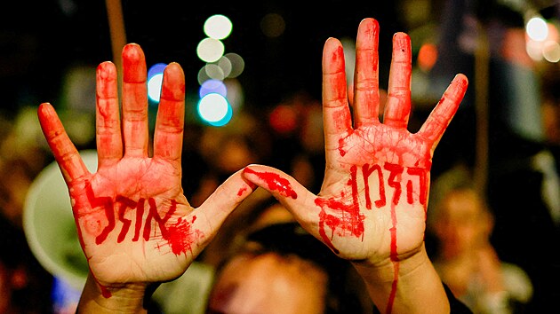 Demonstranti bhem protestu podanho rodinami rukojmch, vyzvajc k jejich okamitmu proputn. (22. ledna 2024)