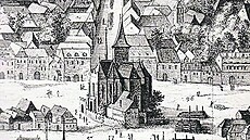 Na kresb je vidt Kaple Boího tla. Zdná gotická kaple stávala na Karlov...