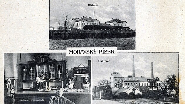 Stanice KFNB a cukrovar v Moravskm Psku na dobov pohlednici. GPS: 48.9772117N, 17.3142336E