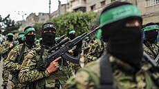 Na dvou idlích. Veer bojovníci teroristického Hamásu, bhem dne uznávaní...