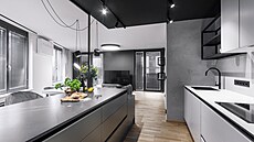 Lakovanou kuchy�skou sestavu s bezúchytovým �e�ením a pracovní deskou z...