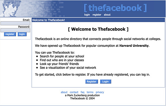 První vzhled sociální sít Thefacebook