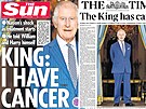 Titulní stránky britských novin plní zprávy o králi Karlu III. (6. února 2024).