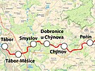Mapa trati 224 mezi Táborem a Pelhimovem