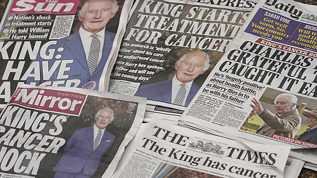 Vbr titulnch stran britskch celosttnch novin z ter 6. nora 2024 pot, co bylo oznmeno, e krl Karel III. m rakovinu. Buckinghamsk palc v pondl veer oznmil, e krl zahjil ambulantn lbu ble nespecifikovan formy rakoviny.