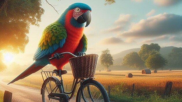 Papouek jede na kole po venkovsk cest