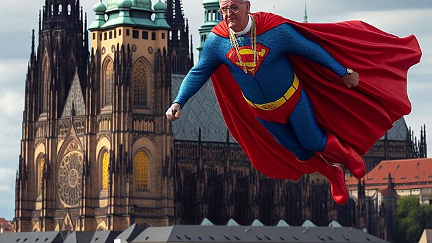 Pape v obleku Supermana let ped svatovtskou katedrlou