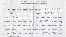 Potvrzení Karla Ellingera z tábora Dachau.