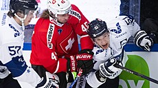 �výcarský hokejista Michael Fora (vlevo) atakuje Fina Arttua Hyryho.