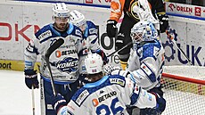 Hokejisté Komety Brno slaví výhru v Litvínově.