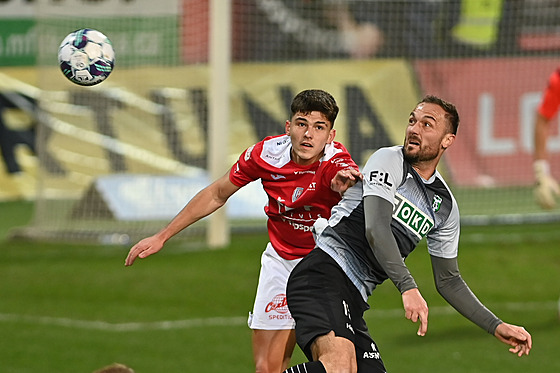 Karvinský úto�ník Martin Dole�al v souboji s pardubickým Denisem Halinským.