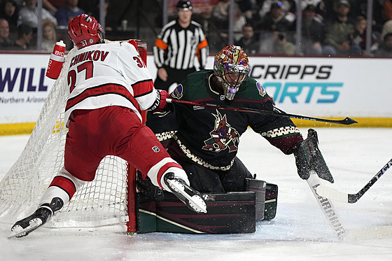 Andrej Sve�nikov atakuje branku Karla Vejmelky.