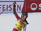 Rakouská lyaka Stephanie Venierová slaví po dojezdu do cíle super-G Svtového...