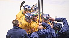 Zlín�tí hokejisté slaví gól.