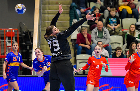 Branká�ka Sabrina Novotná se sna�í vyrazit mí� v zápase kvalifikace na...