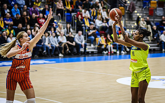 Valeriane Ayayiová (vpravo) z USK Praha v zápase se Schiem.