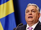 Maarský premiér Viktor Orbán se úastní tiskové konference se védským...