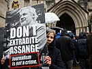Podporovatelé Juliana Assange ped budovou soudu v Londýn (21. února 2024)