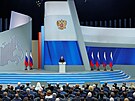 Ruský prezident Vladimir Putin pednáí publiku o stavu zem. (29. února 2024)