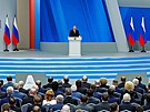Ruský prezident Vladimir Putin pednáí publiku o stavu zem. (29. února 2024)