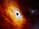 Ilustrace rekordního kvasaru J059-4351 s jasným jádrem vzdálené galaxie se...