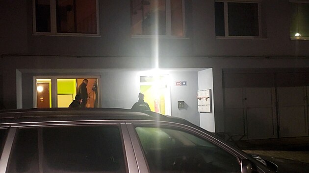 Policist pi nonm zsahu v jednom z bytovch dom v Hoovicch na Berounsku, kde nalezli ti mrtv lidi. (25. nora 2024)
