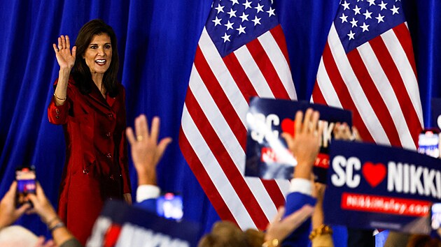 Nikki Haleyov, soupeka Donalda Trumpa v republiknskch primrkch v Jin Karoln, kde byla dve guvernrkou. (25. nora 2024)