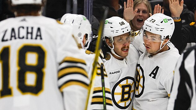 Pavel Zacha, David Pastrnak (88) a Charlie McAvoy (73) slav gl Boston Bruins.