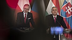 Tisková konference summitu zástupc zemí V4. Petr Fiala a Viktor Orbán. (27....