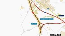 Mapa trasy chyb�jícího úseku západního obchvatu Olomouce, na jeho� dostavbu se...