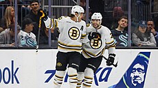 David Pastrák (88) a Jake DeBrusk (74) oslavují gól Boston Bruins.