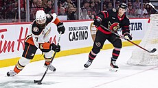 Radko Gudas (7) z Anaheim Ducks odehrává puk v zápase s Ottawa Senators,...