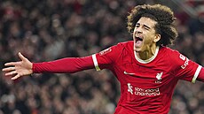 Jayden Danns z Liverpoolu oslavuje gól.