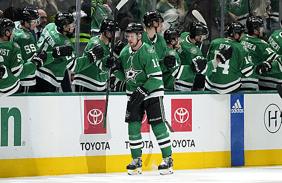Radek Faksa slaví gól do sít� San Jose.