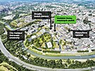 Vizualizace umstn nov velk mstsk sprvn budovy na ern louce v centru...