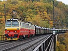 Ucelený prbný vlak s uhlím z Nového Sedla u Lokte do Plzn pi prjezdu...