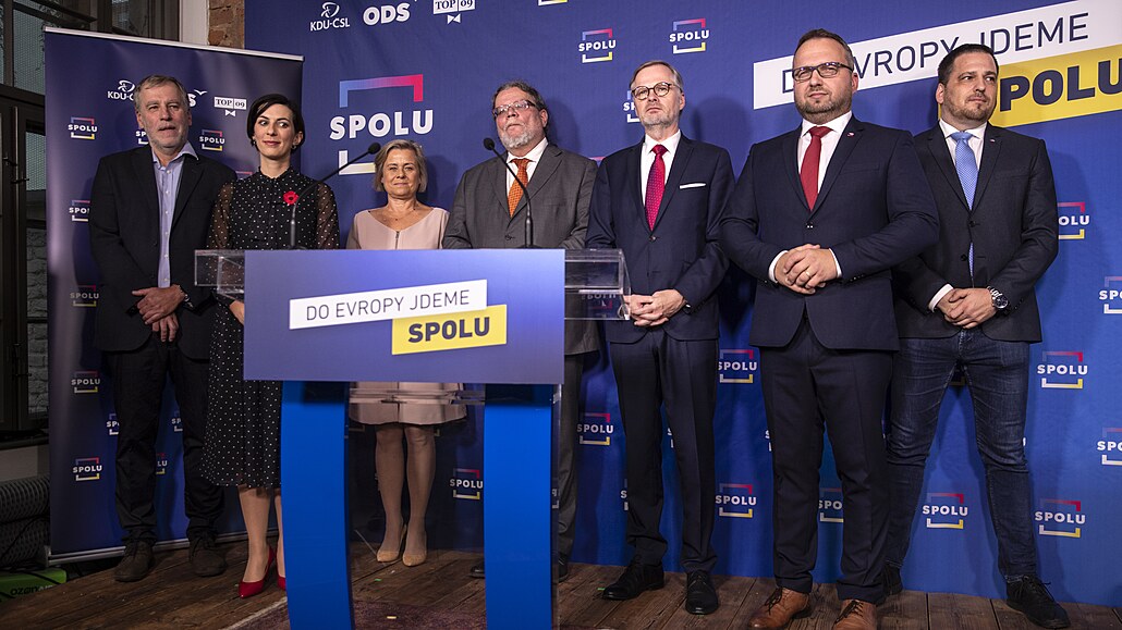 Tisková konference koalice SPOLU k volbám do Evropského parlamentu. Petr Fiala,...