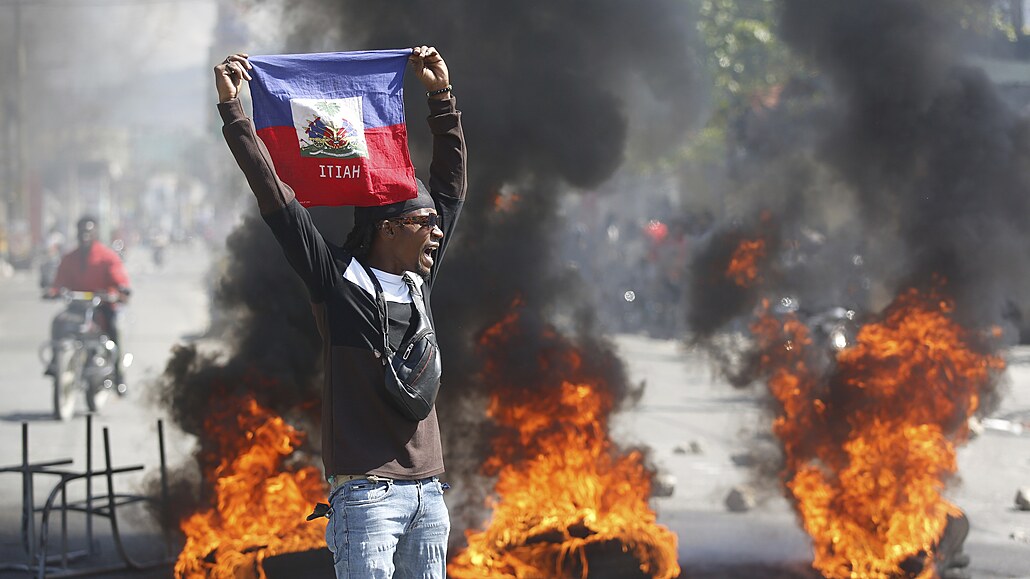 Demonstrant drí haitskou vlajku bhem protest poadujících odstoupení...