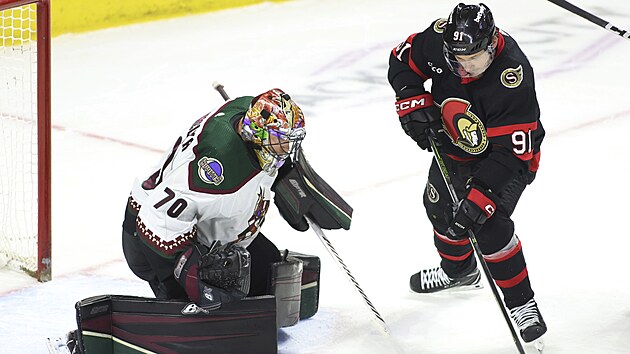 �to�n�k Ottawa Senators Vladimir Tarasenko se sna�� p�ekonat brank��e Arizona Coyotes Karla Vejmelku.