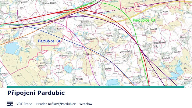 Sprva eleznic starostm pedstavila mon varianty vchodoesk vtve VRT. Detail ukazuje odboku na Pardubice.