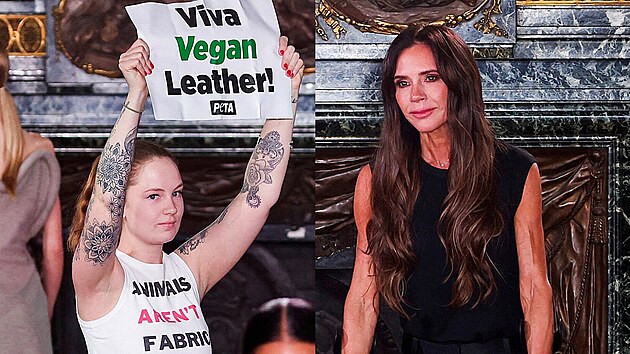 Aktivistky z organizace PETA protestovaly proti pouvn prav ke v md. Victoria Beckhamov pila na pehldku sv znaky na paskm fashion weeku o berlch. (1. bezna 2024)