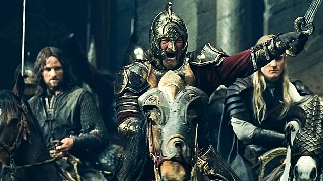 Bernard Hill jako rohansk krl Thoden v Jacksonov filmov trilogii Pn prsten. Po jeho boku Aragorn (Viggo Mortensen) a Legolas (Orlando Bloom)