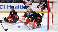 Branká� Anaheim Ducks Luká� Dostál vyrá�í kotou� v zápase s New Jersey Devils.