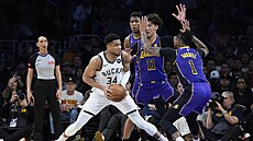 Janis Adetokunbo z Milwaukee Bucks se snaí pekonat clonu LA Lakers ve sloení...