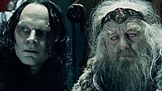 Bernard Hill jako rohanský král Théoden (vpravo) a Brad Dourif jako Gríma v...