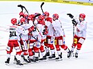 Hradetí hokejisté slaví výhru po samostatných nájezdech nad Pardubicemi.