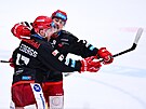 Hradetí hokejisté Ralfs Freibergs a Martin Plánk se radují z vedoucího gólu...