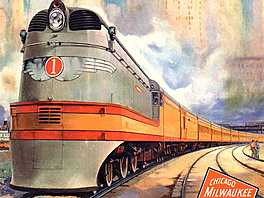 Parní lokomotiva Milwaukee Road Class A. Reklama na rychlík Hiawatha.