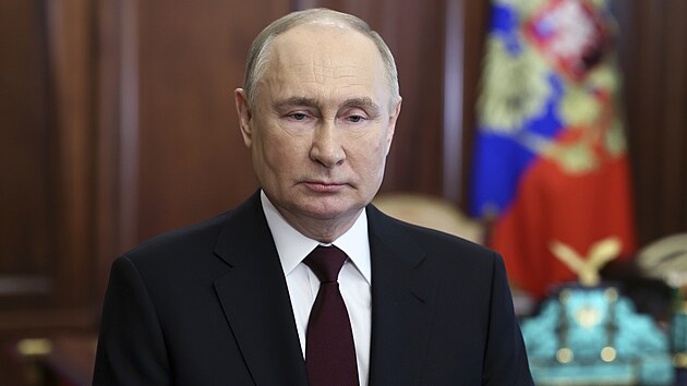 Rusk prezident Vladimir Putin pi pedvolebnm projevu (14. bezna 2024)